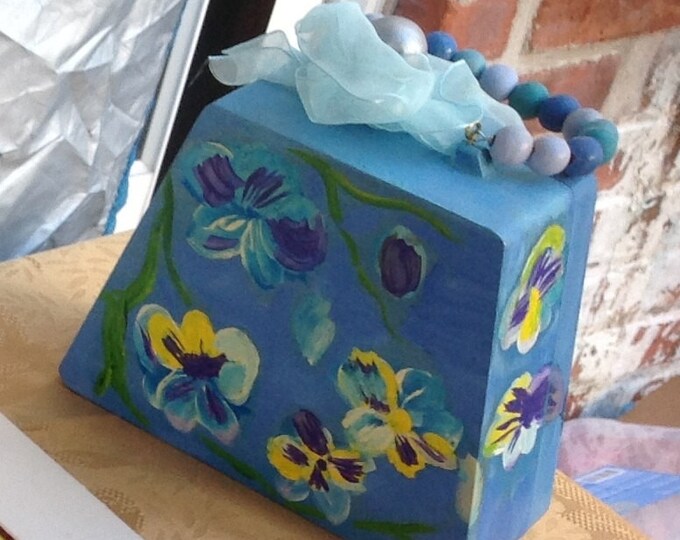 PURSE Hand paintED wooden  in oil and acrylic painsy flowersl and beaded handle
