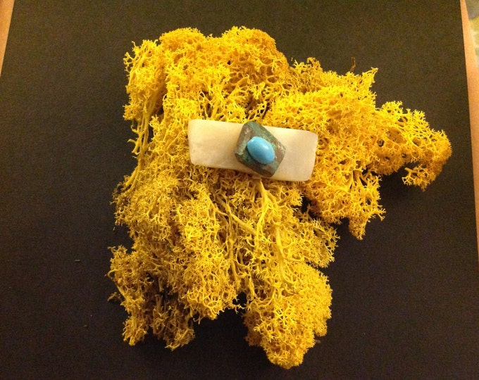 brooch ,handmade in white and  dark green agate with centered blue  turquoise gift for her.