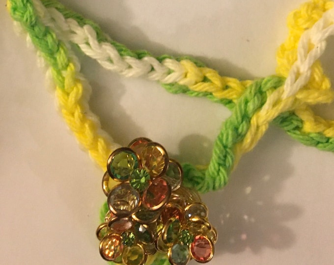 Crochet 2 strand with crystal  beads necklace in yellow , green  ,white.color And braclet. Set Gift for her