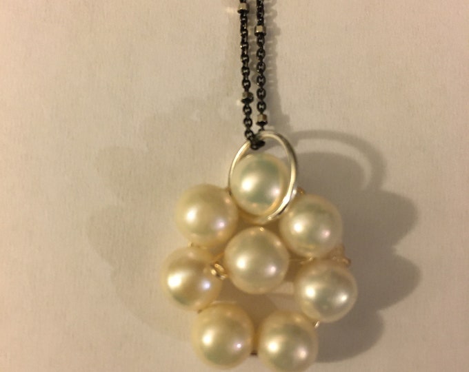 White  Pearl  pendant floral  handmade with black sterling silver chain