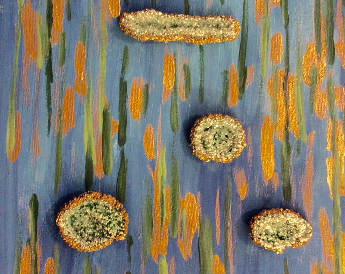 Original Art abstract ,3 D  gem crystals ,light green color on acrylic painting unframed canvas