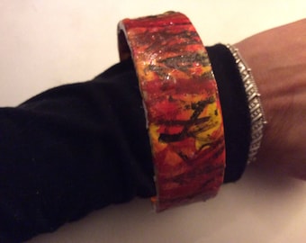 Braclet acrílico pintado, puesta de sol forset arte vestible, toda la temporada hecha a mano en ny longi sland