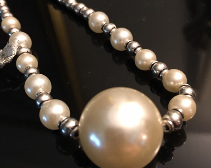 pearl necklace with white glass  pearl  and silver color beads and  ribbon gift for her