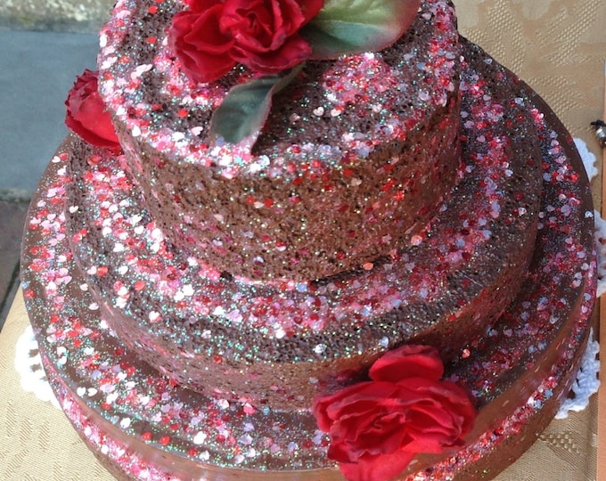 Cake decorative Handmade fake  choclate red ,embellished with red roses and silver glitter for home decor