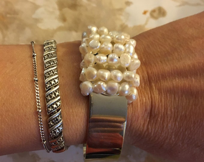 Fresh Pearl  silver cuff  with. 6  row of Chinese rice pearl gift for her