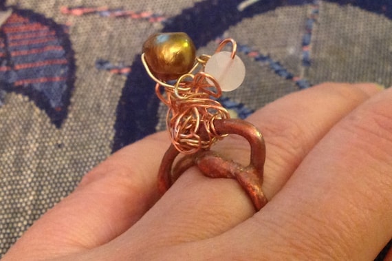 ring chocolate culture pearl and opal gem stone in  copper and golden colored metal work
