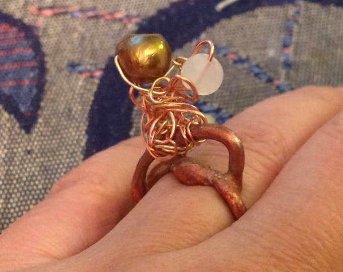 ring chocolate culture pearl and opal gem stone in  copper and golden colored metal work