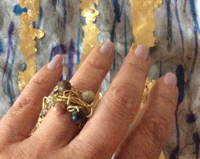 Ring handmade of rhodonite semipericous  6 mm beads and gold tone wire gift for her