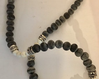 Handmade beaded necklace of rhinestone  ,Natural White Howlite ,and carabao rare beads ,  jet black and grey in color ,gift for her