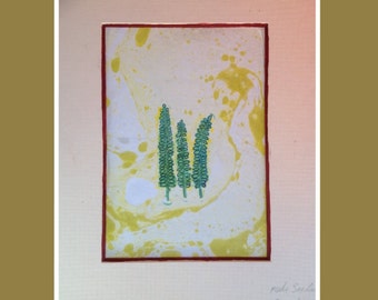 ARTE, Técnica mixta, papel marmolado, sello de pigmento de tinta y dibujo con marcador, el árbol