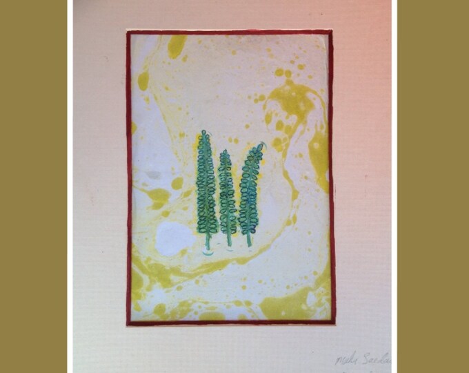 ART ,Mixed media ,marbleized paper ,ink pigment stamp and marker drawing,the tree