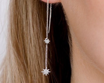 Stars chain threader silver earrings, Sterling Silver double hanging Shining stars pendant chain threader earrings