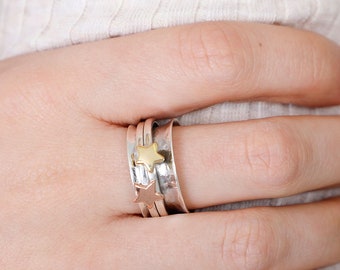 Sterling Silver 925 Stars Spinner Ring, fidget ring, worry ring, meditation ring, Spinning ring, Celestial ring, statement ring, spin ring