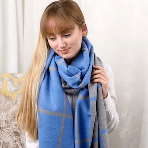 Wool Blend Checked Reversible Blanket Scarf, Warm scarf,  Fashionable shawl, Stylish scarf wrap, Classic winter accessory