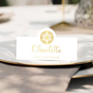 Tarjetas de lugar personalizadas con estampado dorado para Bar Mitzvah y Bat Mitzvah, tarjetas con nombre, celebración de Bar Mitzvah, celebración de Bat Mitzvah