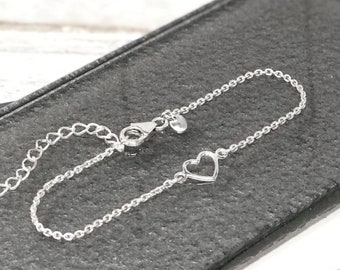 Pulsera de plata de ley Open Love Heart, longitud de cadena ajustable, regalo para ella, regalo de amor, día de la madre, pulsera de amistad