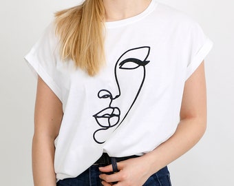 Abstract Face T Shirt, Crew Neck T-shirt, Modern, Women's Clothing, Decal