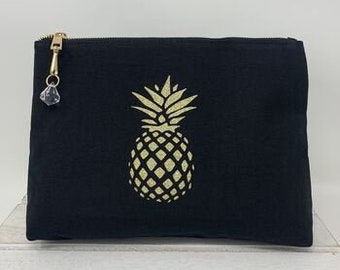 Glitter Pineapple Print Makeup Bag,  Glitter Print, Cosmetic Bag, Travel Bag, Clutch Purse, Gift for her,