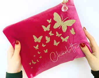 Personalized Velvet Feel Butterfly Makeup Bag: Gold Accents, Toiletry Pouch