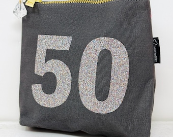 Personalized 50th Birthday Sparkly Makeup Bag - Grey Cotton