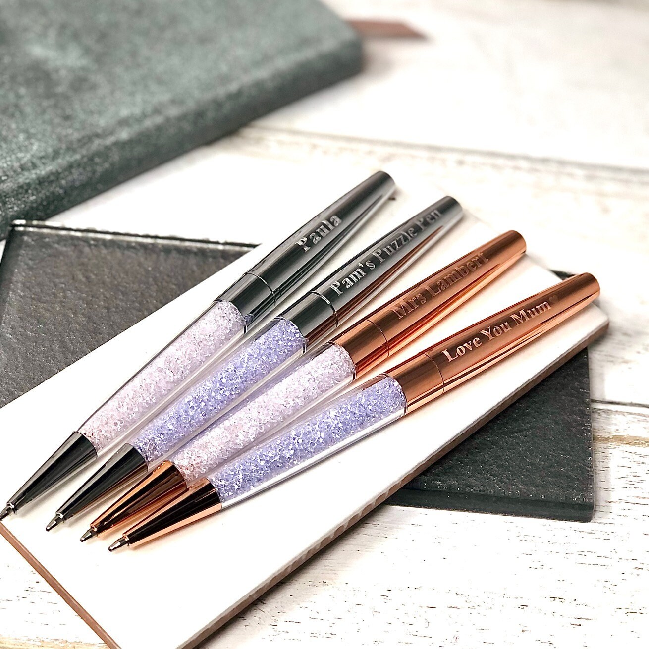 velvet pouch & spare black ink FREE DELIVERY Personalise Rose Gold Crystal Pen 
