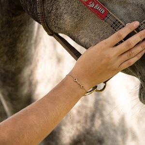 Puede incluir: Una delicada pulsera dorada con un dise&ntilde;o de bocado de caballo se lleva en un brazo. La pulsera est&aacute; conectada por una fina cadena. El fondo presenta un caballo gris con brida y una mano que toca suavemente al caballo.