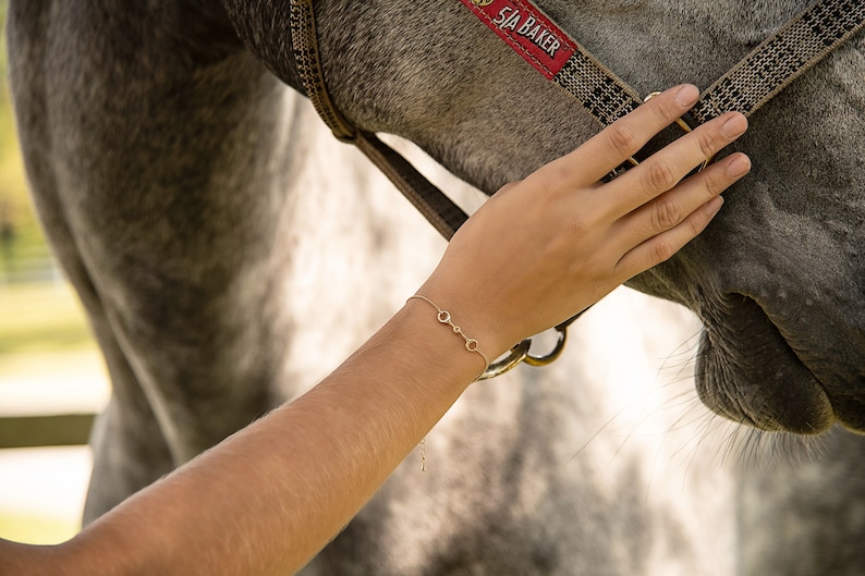 Puede incluir: Una delicada pulsera dorada con un dise&ntilde;o de bocado de caballo se lleva en un brazo. La pulsera est&aacute; conectada por una fina cadena. El fondo presenta un caballo gris con brida y una mano que toca suavemente al caballo.