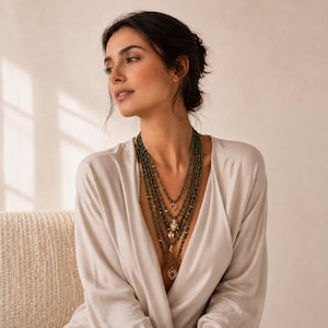 Boho, layered, statement necklace, green brown or burgundy