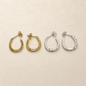 Pode incluir: Quatro brincos de tachas em forma de ferradura. Dois são dourados e dois prateados. Os brincos são exibidos em um fundo neutro. Os brincos são provavelmente feitos de metal.