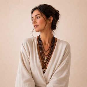 Op de afbeelding: Een ketting met meerdere strengen, voorzien van donkerbruine kralen en kleine goudkleurige accenten. De ketting bevat diverse goudkleurige bedels, waaronder meerdere hartvormige hangers en een klein kruisje, in een trapsgewijs ontwerp.