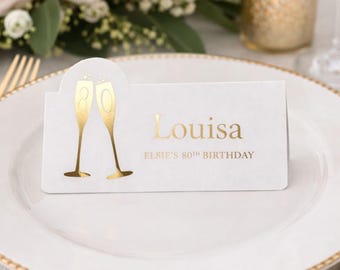 Custom folded place cards, Personalised Gold Foiled Champagne Birthday Place Cards, Personalized celebration  cards