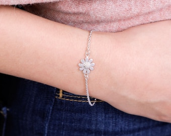 Pulsera de margaritas de plata de ley: dije de flor, cadena ajustable
