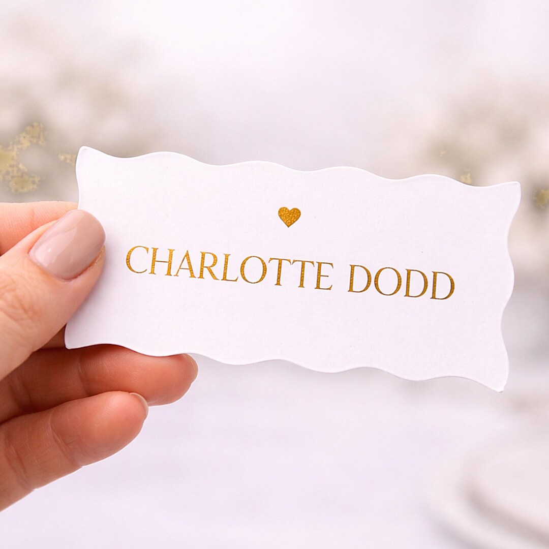 Personalised White Wavy Edge Heart Wedding Gold Foiled Place Cards ...