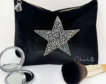 Trousse de maquillage en velours avec étoiles et strass : trousse à cosmétiques personnalisée