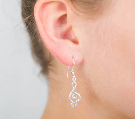 Womans girls silver musical note treble clef dangle drop hoop stud earrings cuff 