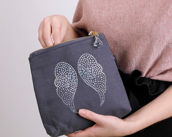Rhinestone Angel Wings Canvas Makeup Bag