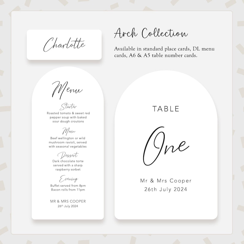 May include: White arch-shaped table number card with the text "TABLE One" and the names "Mr & Mrs Cooper" and the date "26th July 2024".