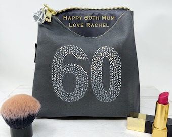 60th birthday make up bag, Custom cosmetic bag,hidden message bag,   Personalised Sparkly Grey Make-Up Bag , 60th Birthday present