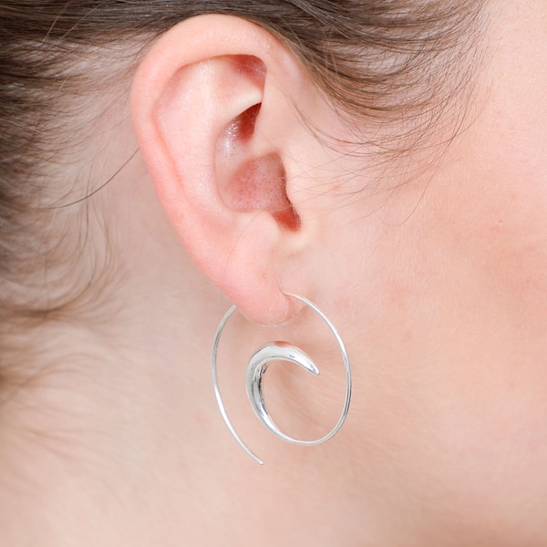 Sterling silver spiral swirling statement earrings, swirl hoop earrings, statement earrings