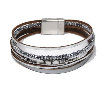 Faux Leather Beaded Wrap Bracelet: Magnetic Clasp, Metallic Details
