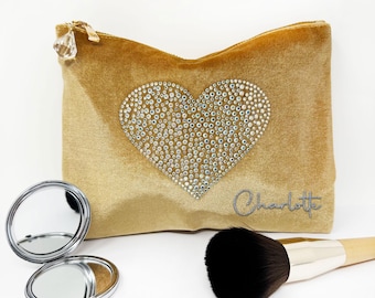 Rhinestone Heart Velvet Makeup Bag: Personalized Cosmetic Pouch