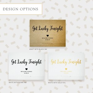 May include: Three design options for a wedding favor box. The first option is a kraft paper box with black ink, the second is a white box with black ink, and the third is a white box with gold foil. All three boxes have the text "Get Lucky Tonight" and the names "MR & MRS THOMAS" with the date "24.08.24".