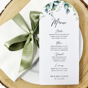 Cartões de menu de casamento personalizados em arco de eucalipto, cartões de menu personalizados, menu personalizado, cartão de menu em arco, cartão de menu tradicional