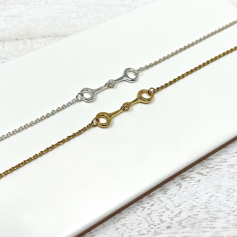 Puede incluir: Dos delicados collares con colgantes de bocado de caballo. Un collar es de color plateado y el otro es de color dorado. Los colgantes est&aacute;n centrados en finas cadenas y los collares se exhiben sobre una superficie blanca.