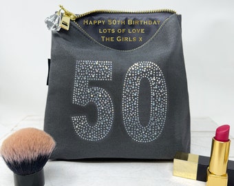 50th birthday bag, Personalised Sparkly Grey 50th Birthday Make-Up Bag, 50th Birthday, Personalised Gift, Special Birthday, Happy 50th