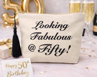 Bolso de lona personalizado para 50 cumpleaños: forro de lunares dorados.