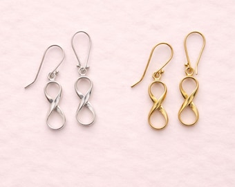 Pendientes colgantes Infinity Drop en plata u oro, delicados pendientes colgantes con forma de ocho, joyería minimalista para el día a día, regalo con símbolo de amor para ella.