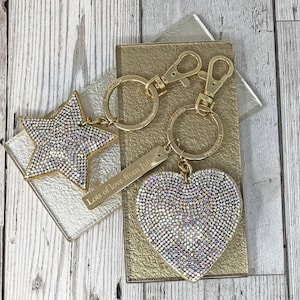 Personalised Sparkly Heart and Star Key Ring, Gift For Her, Glitzy Accessory , Handbag Charm