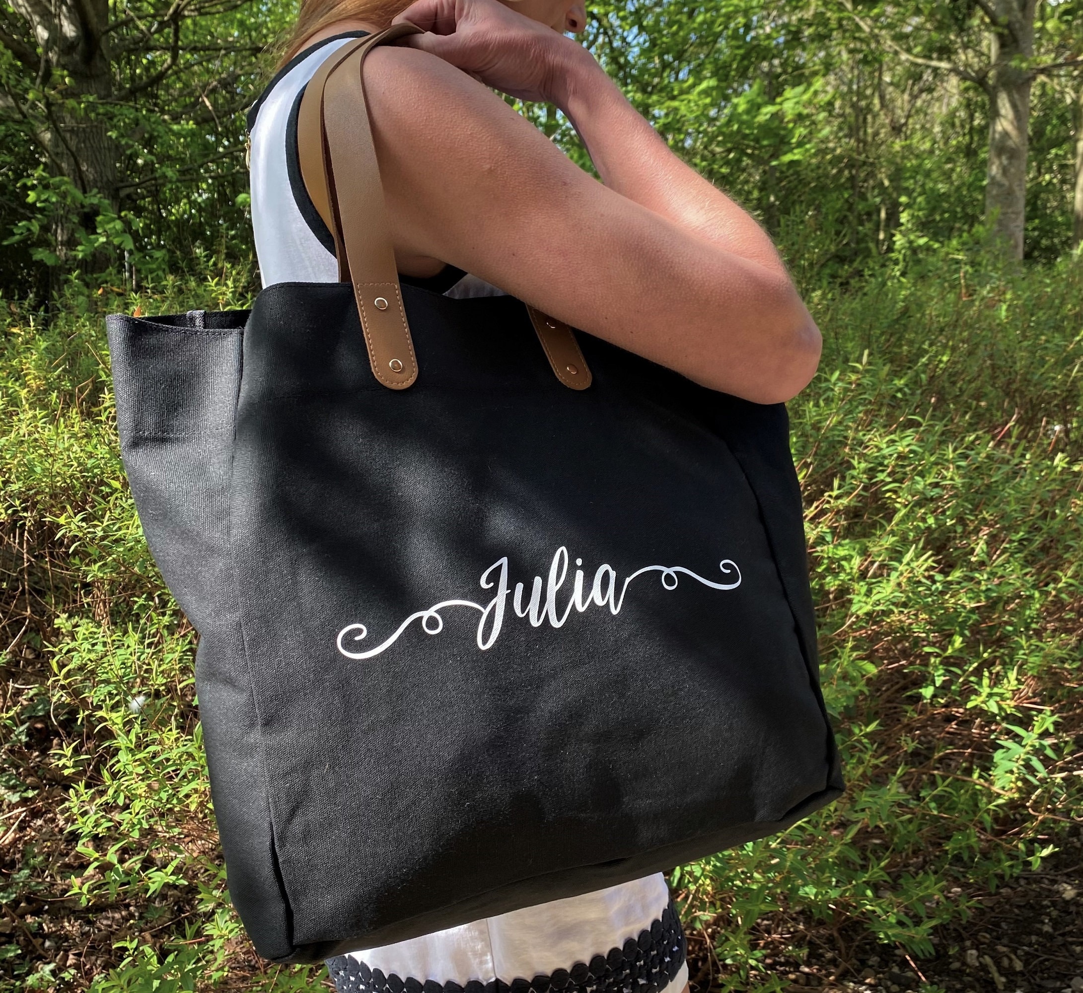 Personalised Canvas shopping bag with Faux leather handles, vegan leather  bag