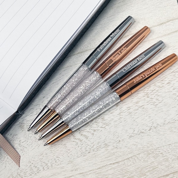 Glitter pens, personalised pens, custom glitter pen, engraved pen, rose gold pen,